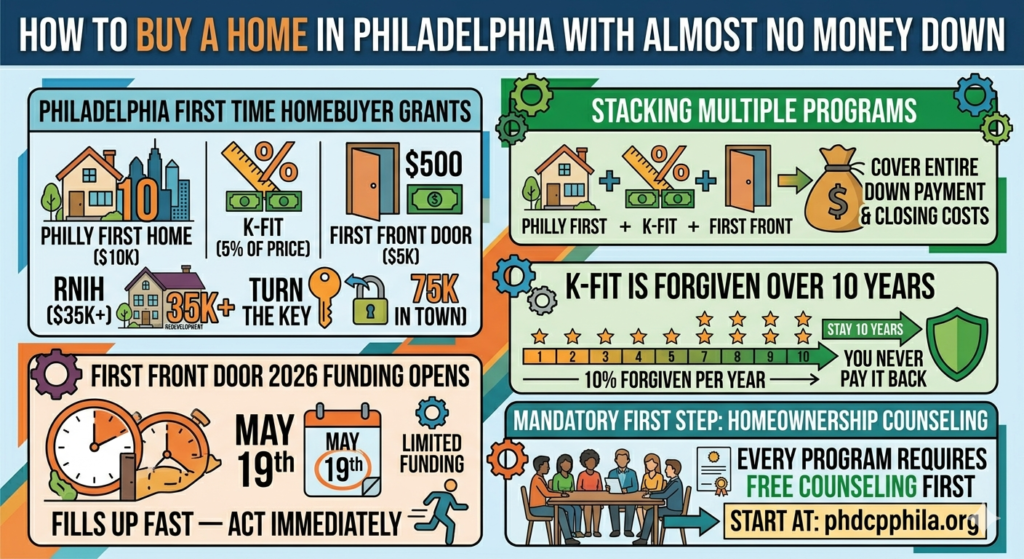 Philadelphia first time homebuyer grants 2026 - stacking Philly First Home K-FIT programs
