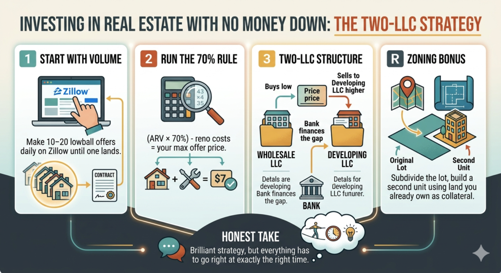 how to invest in real estate with no money down — two LLC strategy diagram