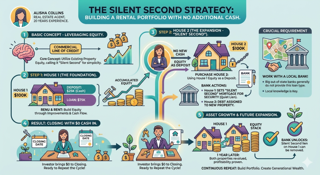 silent second mortgage strategy diagram showing equity from house 1 used to fund house 2 down payment