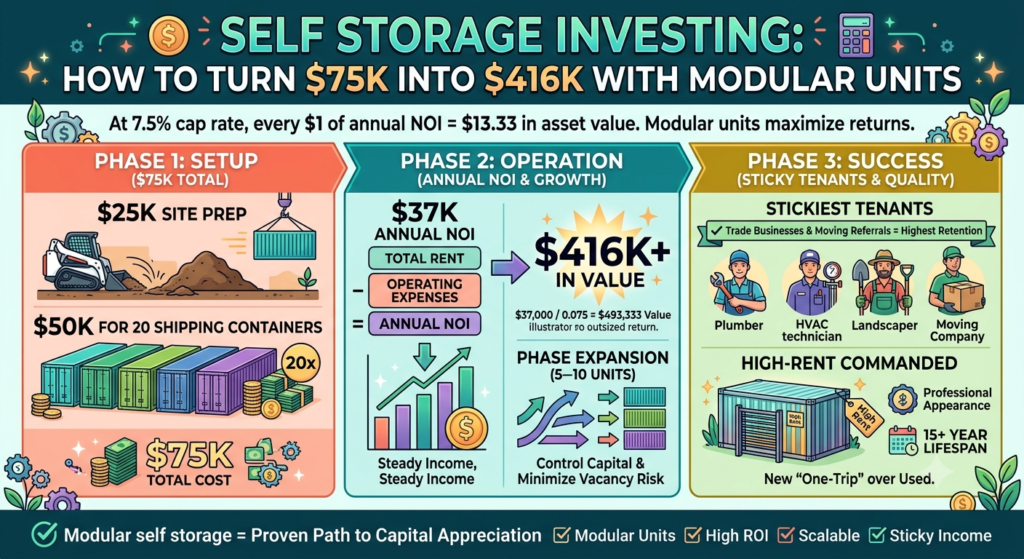 self storage investing modular container units NOI value add strategy